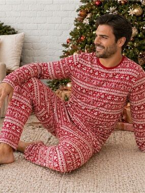 LITTLE SLEEPIES Reindeer Cheer Red and White Fair Isle Bamboo Men’s Pajama Set L